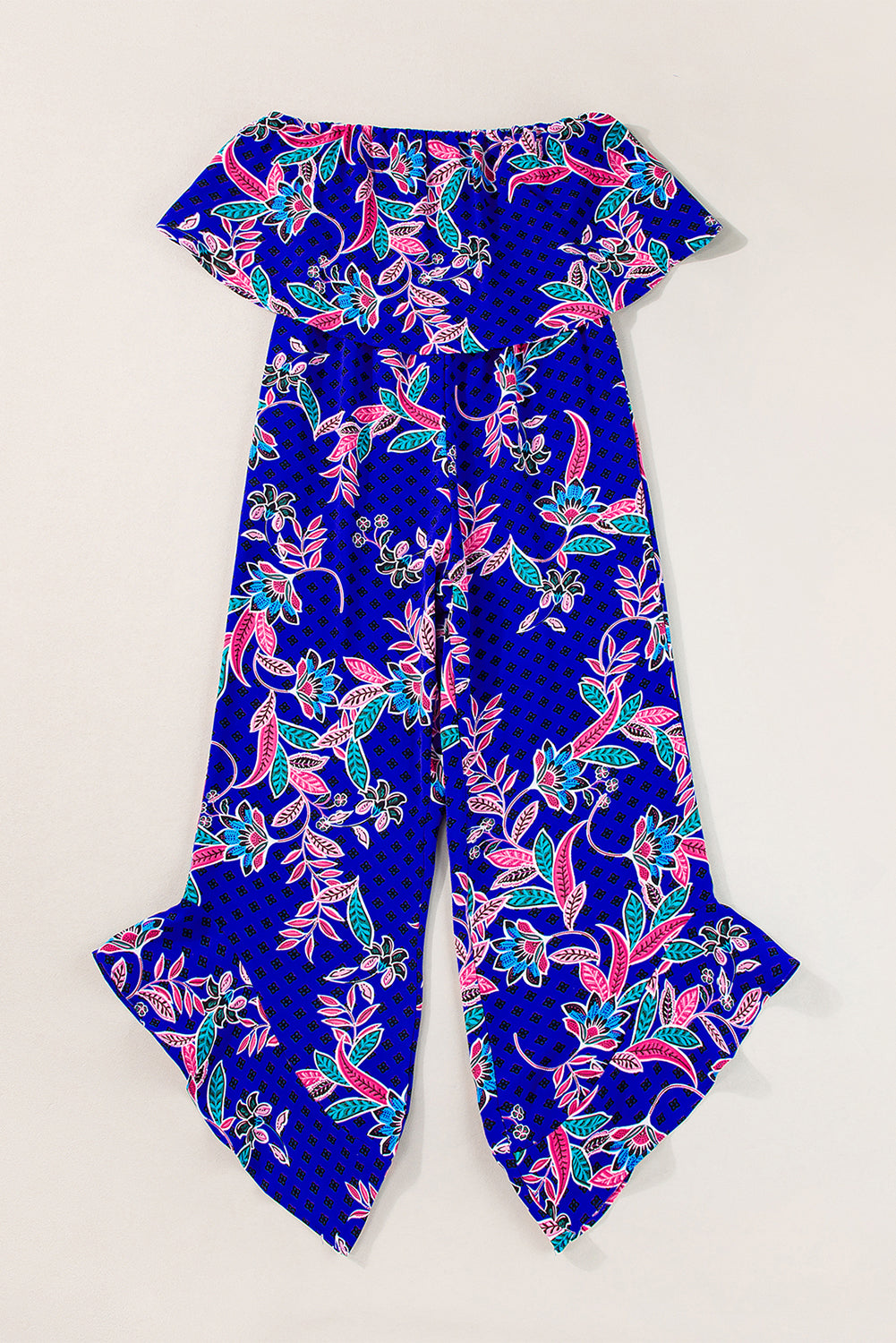 Blue Mix Tropical Print Strapless Ruffled Jumpsuit