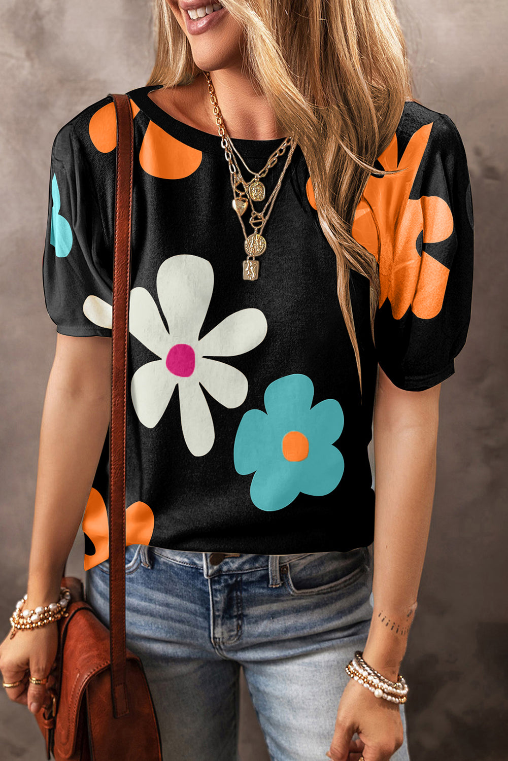 Black Flower/Bowknot Print Bubble Sleeve Tee