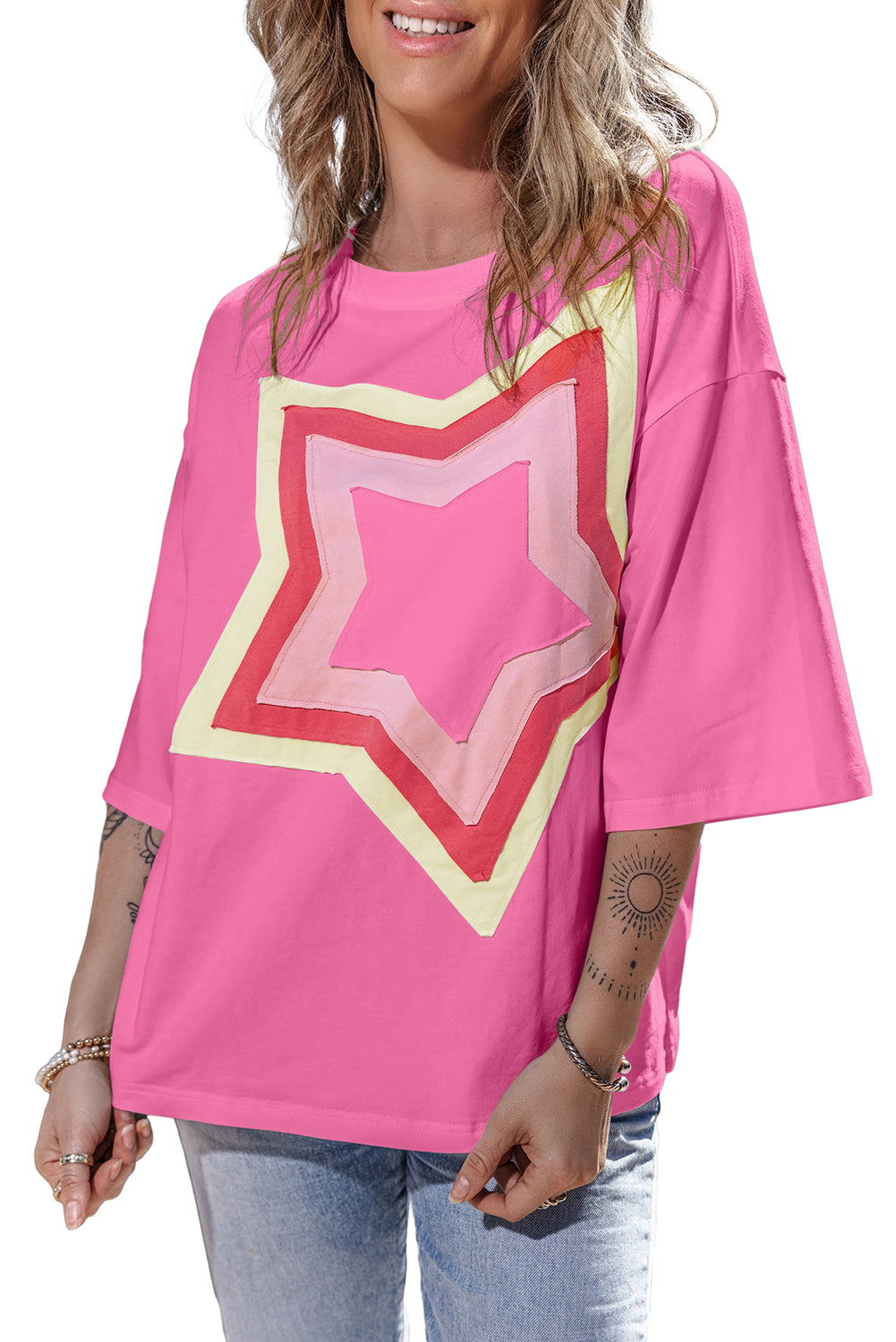 Bonbon Colorblock Star Patched Half Sleeve Oversized Tee