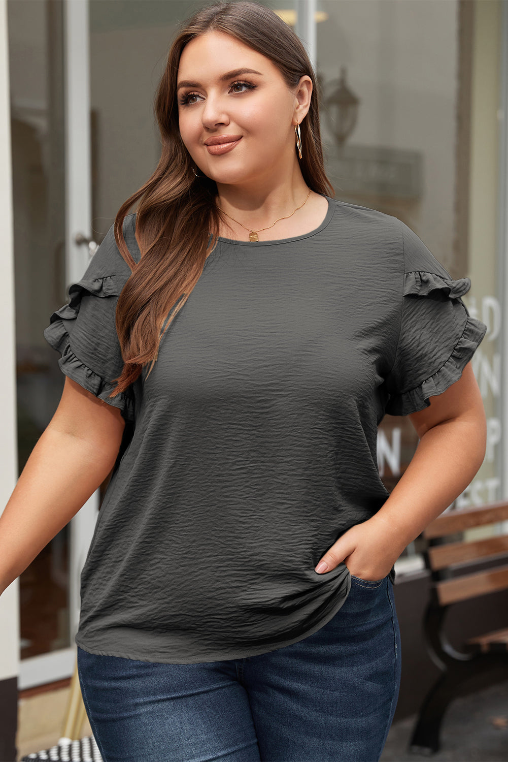 Dark Grey Ruffled Short Sleeve Plus Size Top