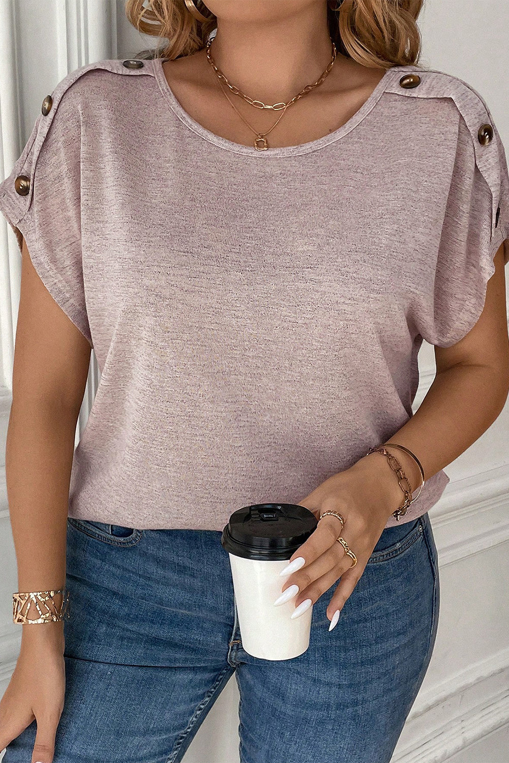 Delicacy Plus Size Button Detail Batwing Sleeve Tee