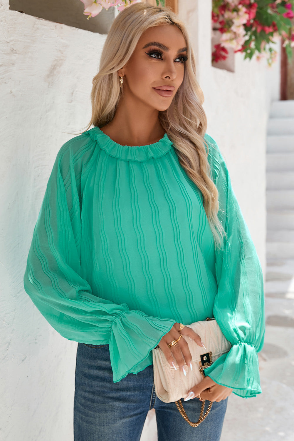 Green Striking Pleated Flared Cuff Long Sleeve Blouse