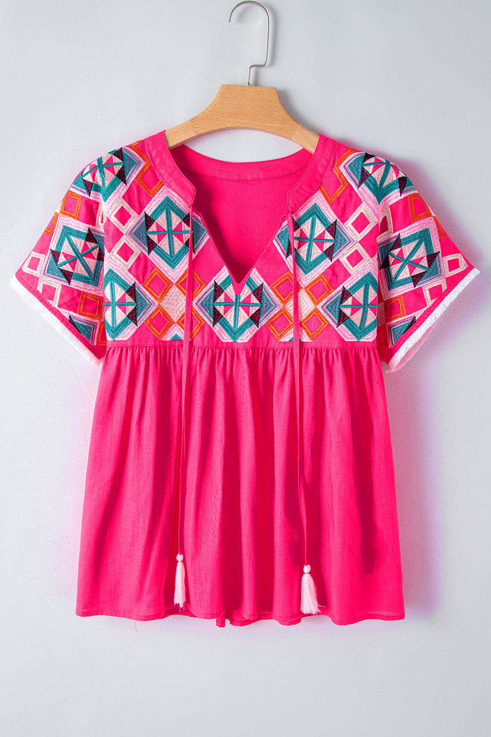 Strawberry Pink Geometric Embroidered Tassel Tie V Neck Blouse