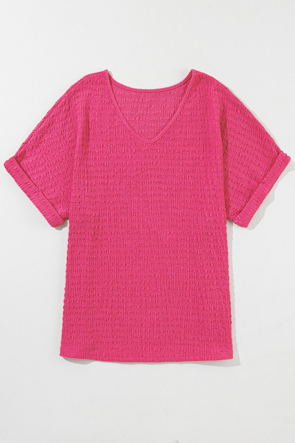 Bright Pink Textured Rolled Sleeve V Neck Tee