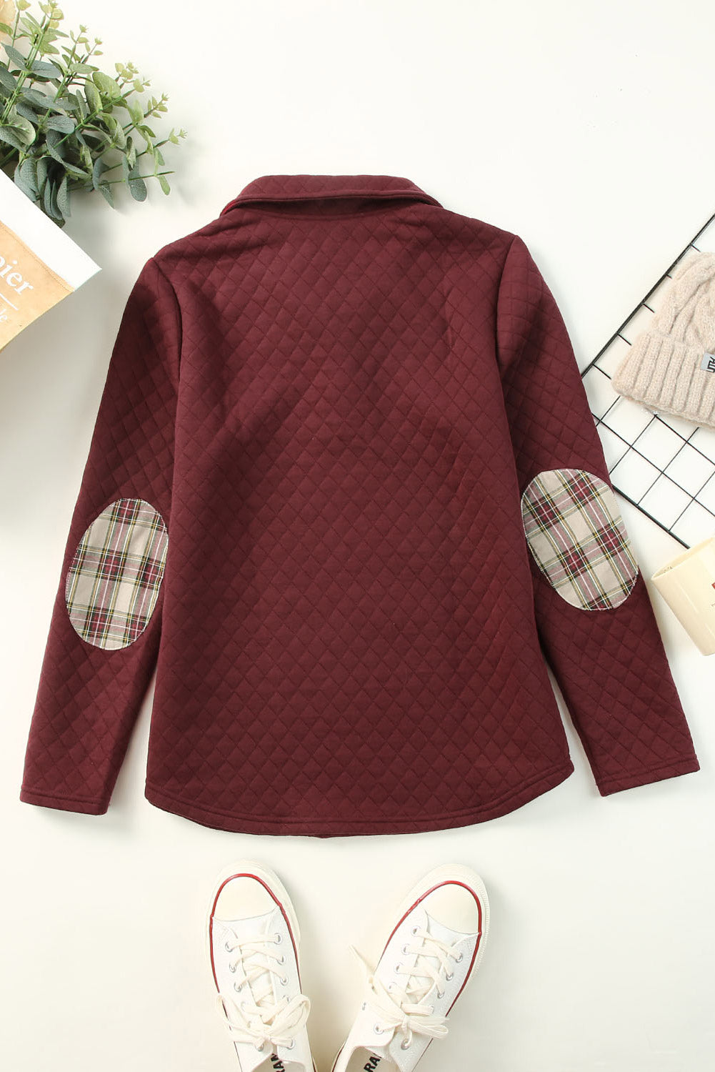 Fiery Red Geometric Texture Plaid Trim Sweatshirt