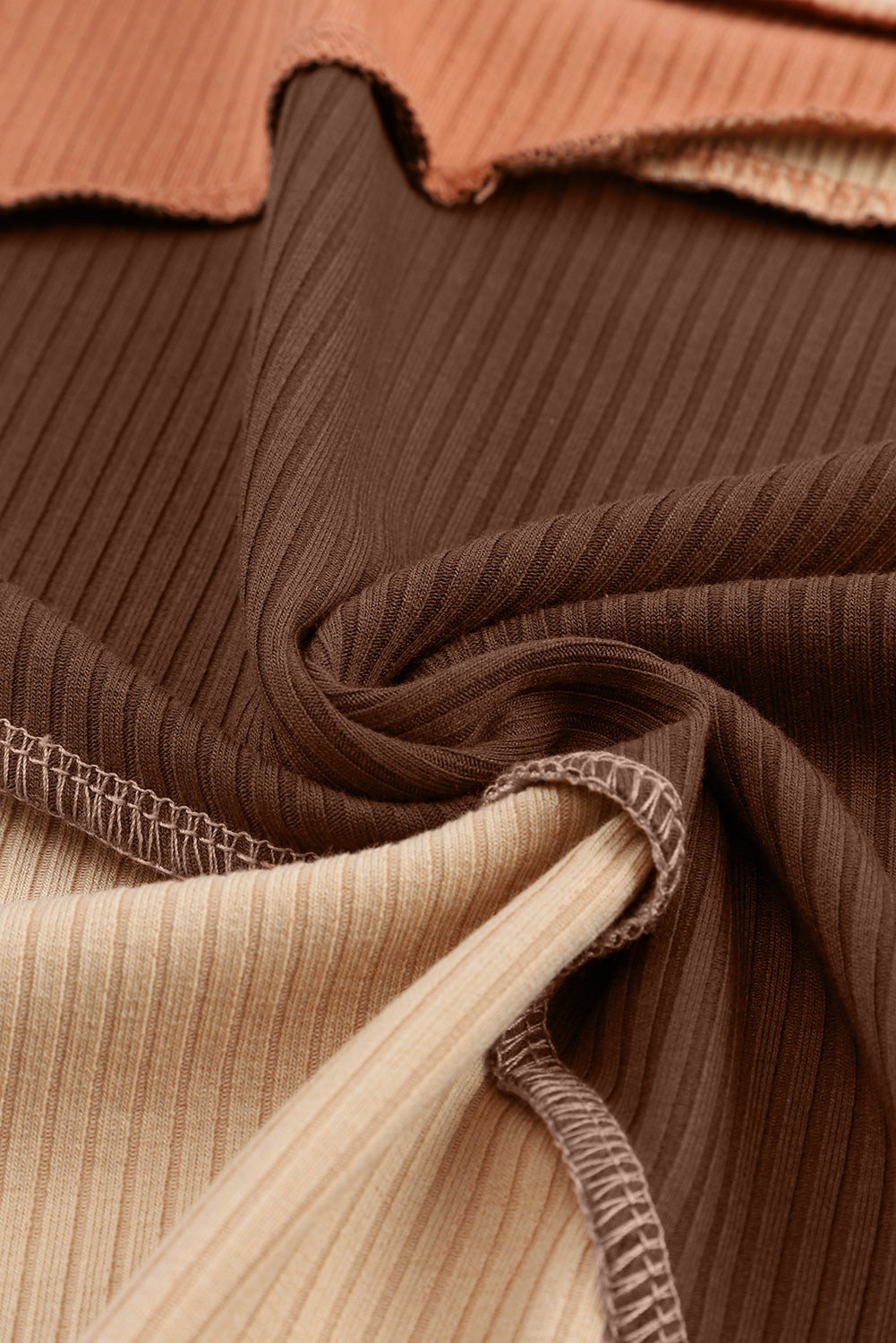 Brown Expose Seam Color Block Ribbed Knit Top