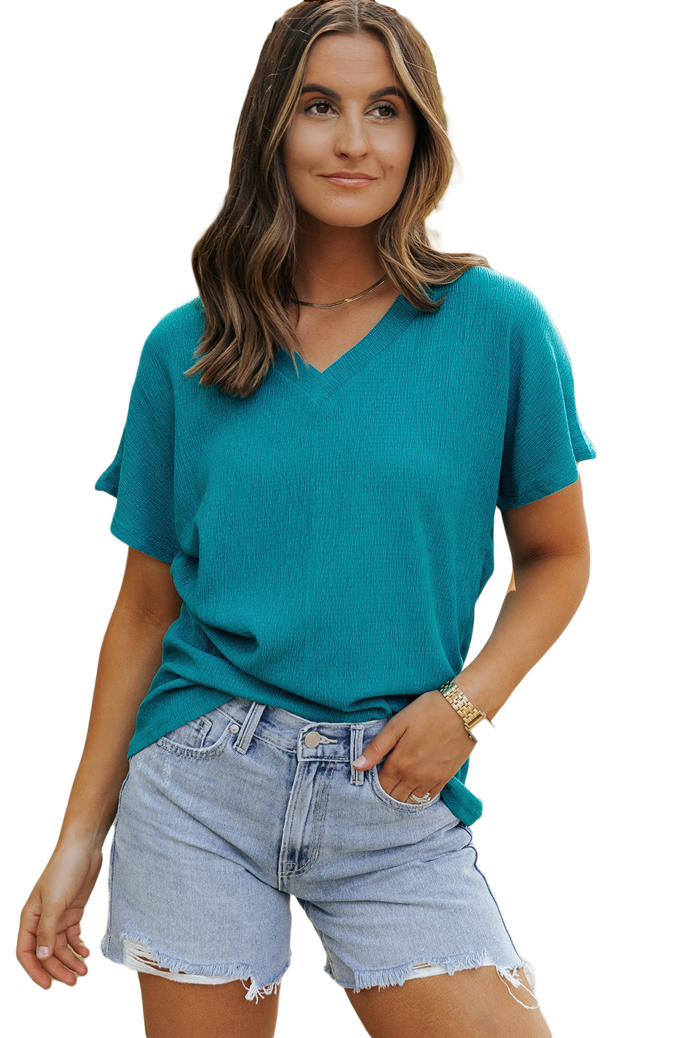 Blue Sapphire Crinkled V Neck Wide Sleeve T-shirt