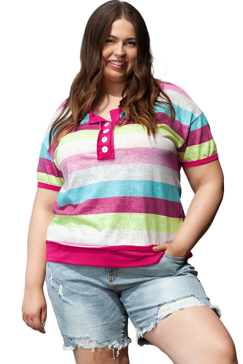 Rose Stripe Plus Size Textured Knit Short Sleeve Henley Top