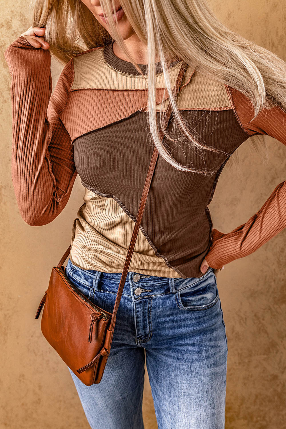 Brown Expose Seam Color Block Ribbed Knit Top